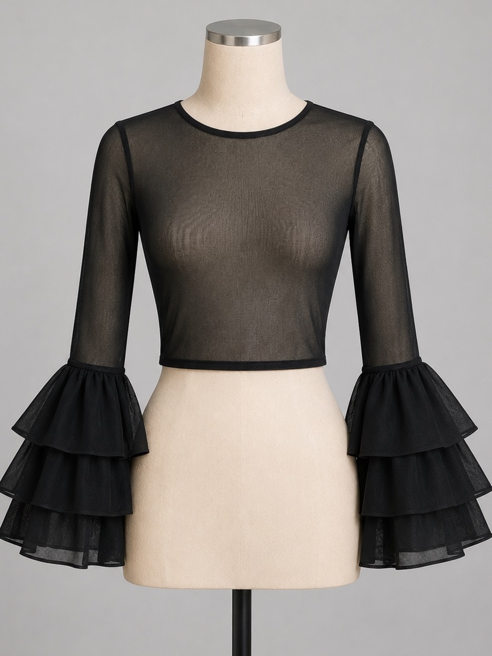 Parisian Runway Black Sheer Ruffle Crop Sh…